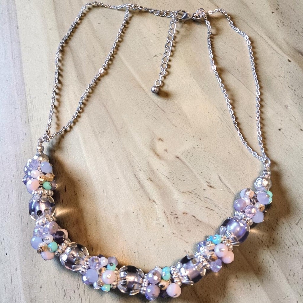 Vintage M&S Marks Spencer Lavender Glass Crystal‎ Bead Cluster Necklace 17"-20"